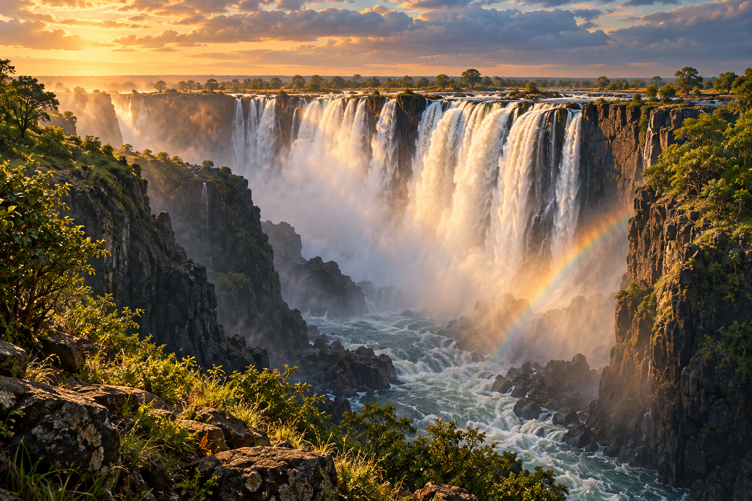 Victoria Falls cascading into the Zambezi Gorge